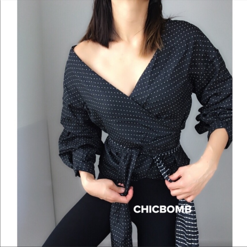 Black Polka Dots Sexy Chic Wrap Top - LAST PC - Picture 3 of 8